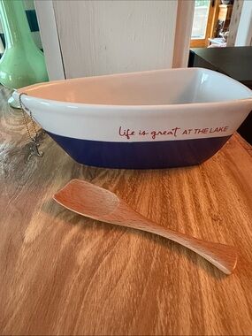 Blue & White Boat Shaped Serving Bowl with Oar Serving Spoon